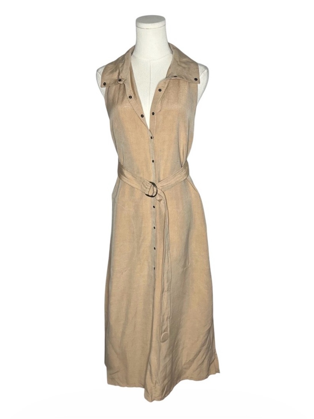 Akris Punto Linen Blend Sleeveless Belted Midi Shirt Dress in Tan